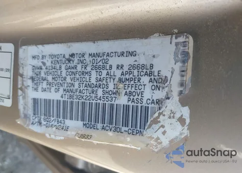 2002 Toyota Camry Le from USA, damaged, VIN 4T1BE32K22U545537
